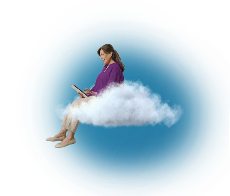 woman sitting on a cloud reading