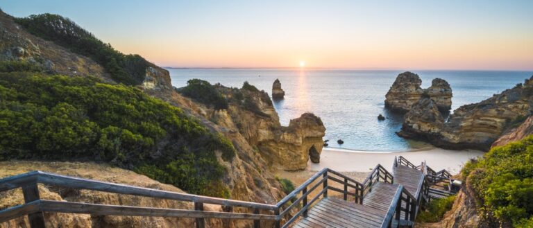 Lagos, Portugal, cliffs and beach at sunset